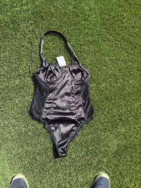 Free People Black Satin Lace Bodysuit